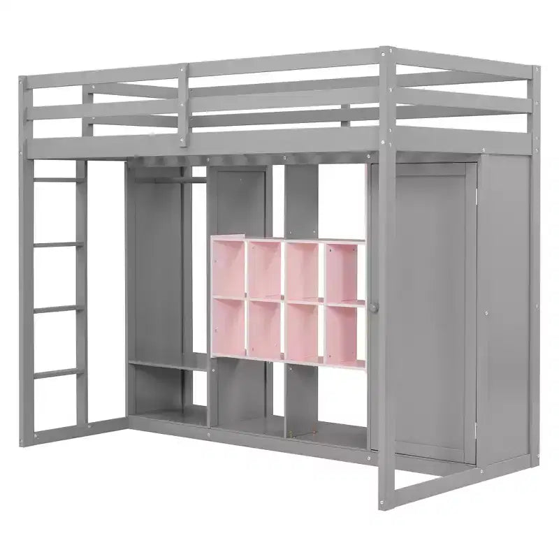 Kinder-Hochbett mit Kleiderschrank und Regalen, Holz-Hochbettrahmen mit Stauraumschrank für Kinder und Jugendliche