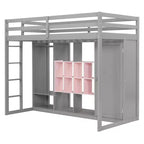 Kinder-Hochbett mit Kleiderschrank und Regalen, Holz-Hochbettrahmen mit Stauraumschrank für Kinder und Jugendliche