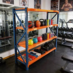 VIYET robuste Garagenregale, 4 Ebenen, verstellbare Metallregale mit 4400LBS Tragkraft, blau-orangefarbene Industrieregale für Gewerbe, Werkzeuge und Fitnessgeräte