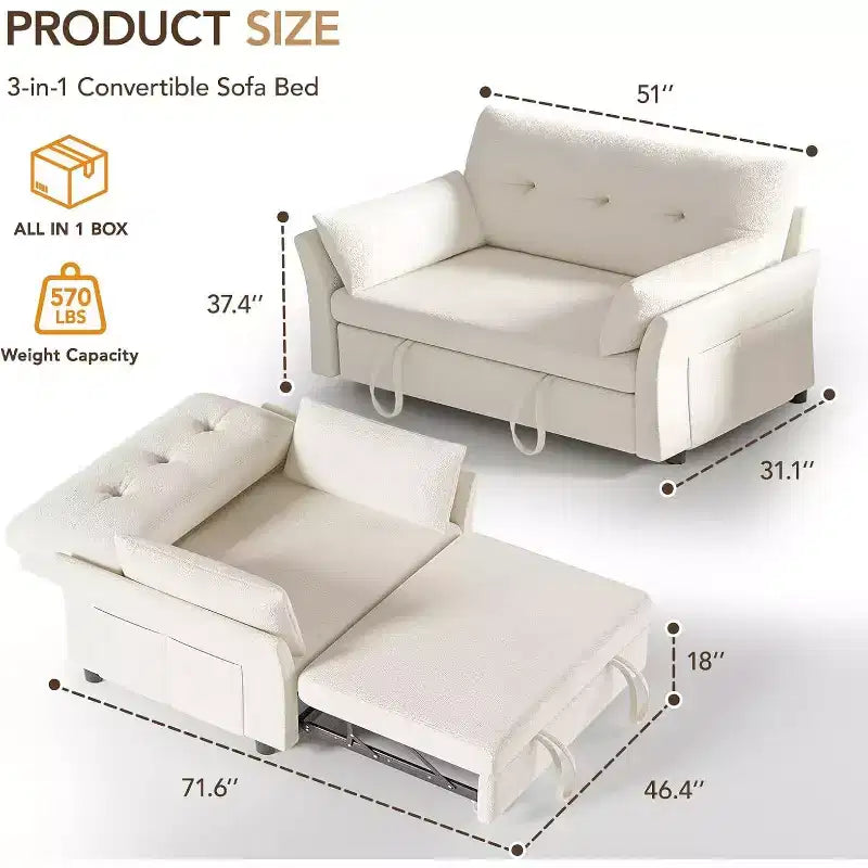 Rozkładana sofa Dyonery 3 w 1, sofa z wysuwanym łóżkiem, kieszenią boczną i regulowanym oparciem, montaż bez narzędzi, składana dwuosobowa sofa