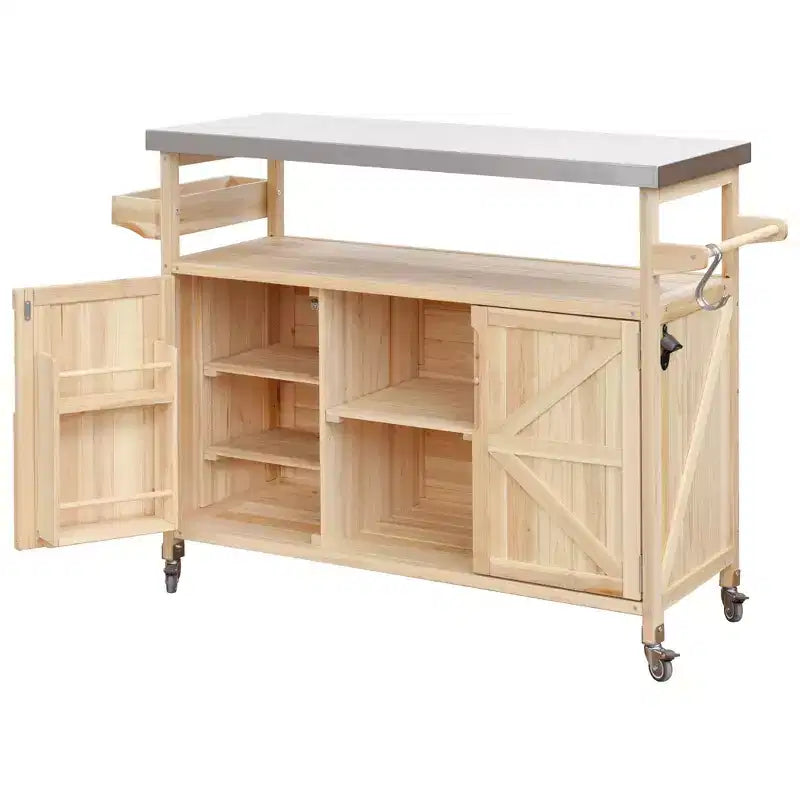 Okak Outdoor-Kücheninsel mit Edelstahlplatte, Küchenwagen aus Holz mit Türen, Ablagen und Gewürzregal, rollende Kücheninsel