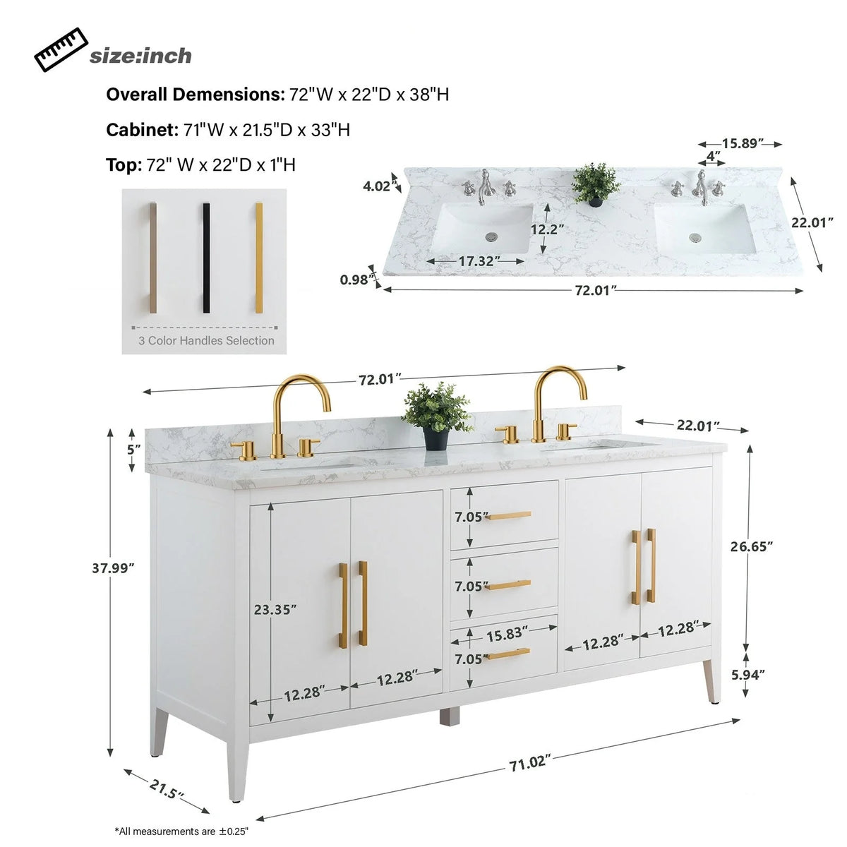 Vanity Art badkamermeubel van 72 met dubbele wastafel en een blad van kunstmarmer