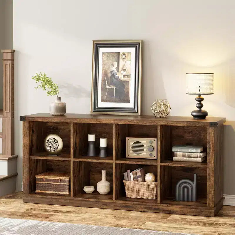 Bücherregal mit 8 Fächern, im Landhausstil, waagerecht, 62 Inch, aus Holz, für den Eingangsbereich, langes, niedriges Bücherregal fürs Wohnzimmer