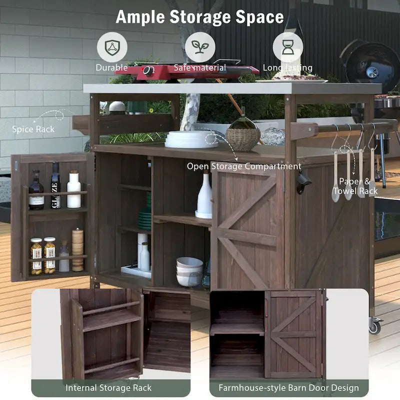 Îlot de cuisine d’extérieur, chariot de bar roulant et meuble de rangement, table de barbecue en bois massif avec plateau en acier inoxydable, porte-épices, porte-serviettes
