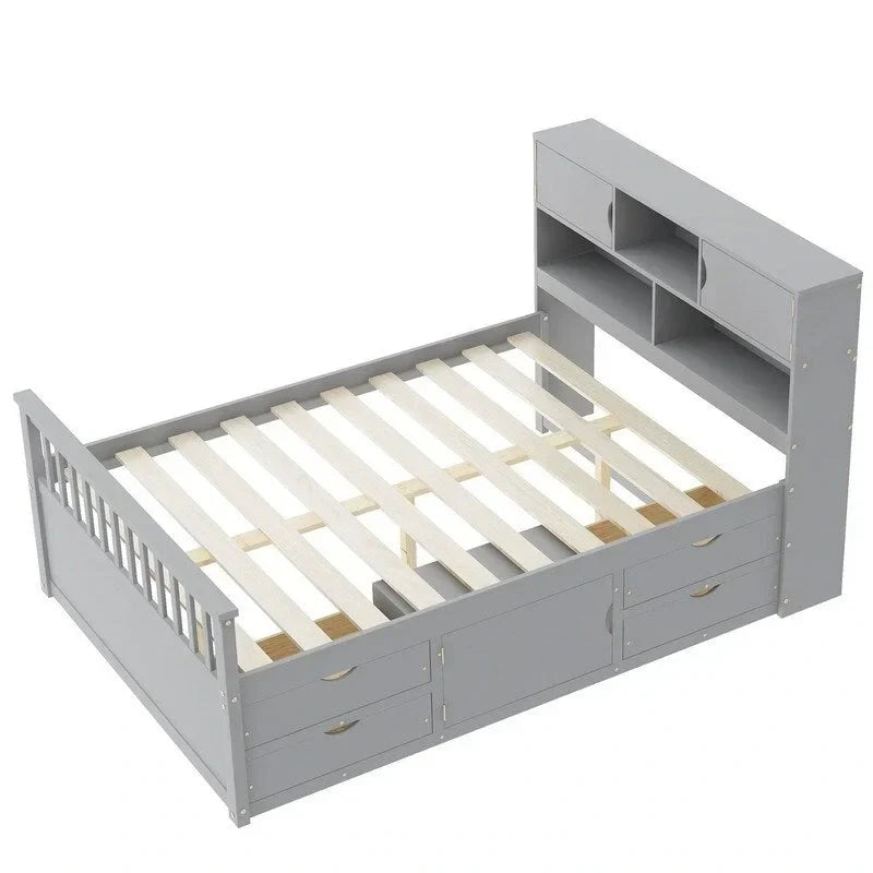 Lit plateforme capitaine une place/deux places avec 4 tiroirs et étagères de rangement, cadre en bois massif avec tête de lit bibliothèque et rangements