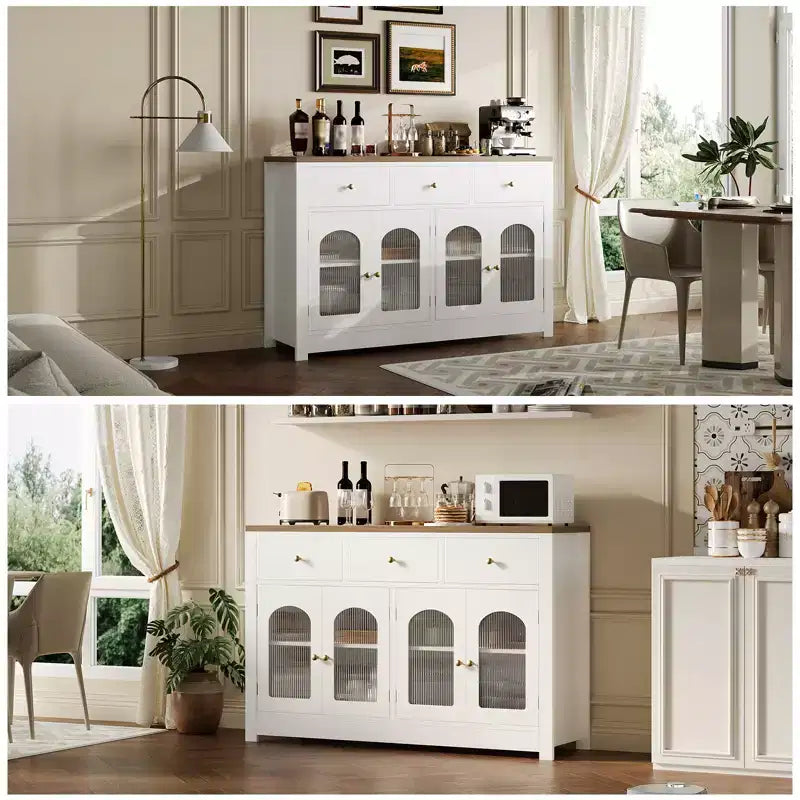 Credenza contenitore stretta da 55 pollici con 3 cassetti e 4 ante per cucina, sala da pranzo e soggiorno