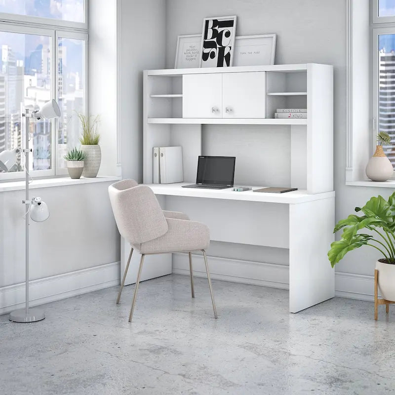 Pure White / Grey Sand / Charcoal Maple – 60W Credenza Desk with Hutch, Single-Person