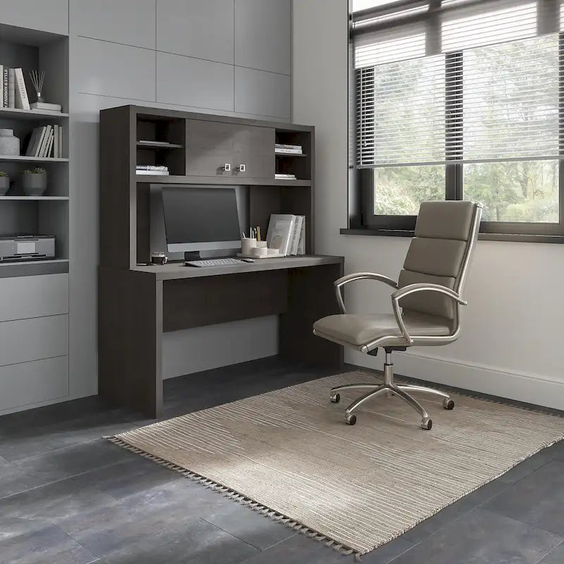 Pure White / Grey Sand / Charcoal Maple – 60W Credenza Desk with Hutch, Single-Person