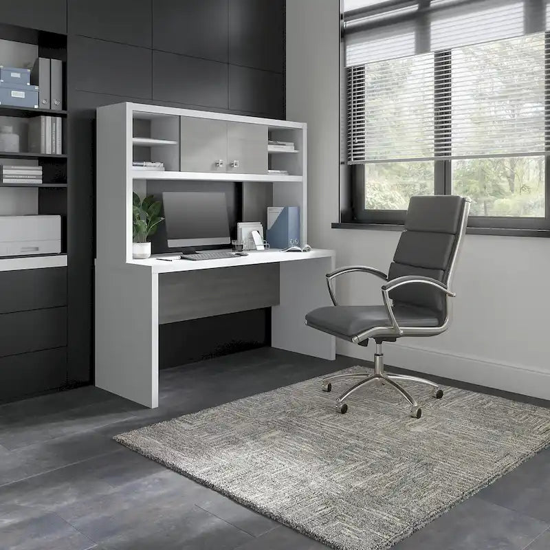 Pure White / Grey Sand / Charcoal Maple – 60W Credenza Desk with Hutch, Single-Person