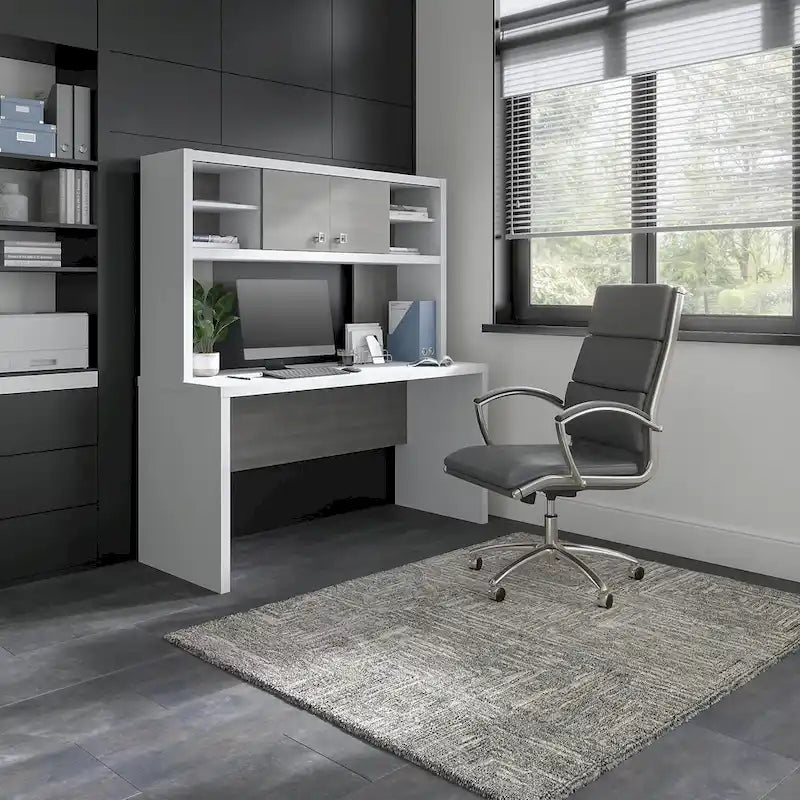 Pure White / Grey Sand / Charcoal Maple – 60W Credenza Desk with Hutch, Single-Person