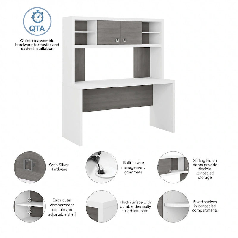 Pure White / Grey Sand / Charcoal Maple – 60W Credenza Desk with Hutch, Single-Person