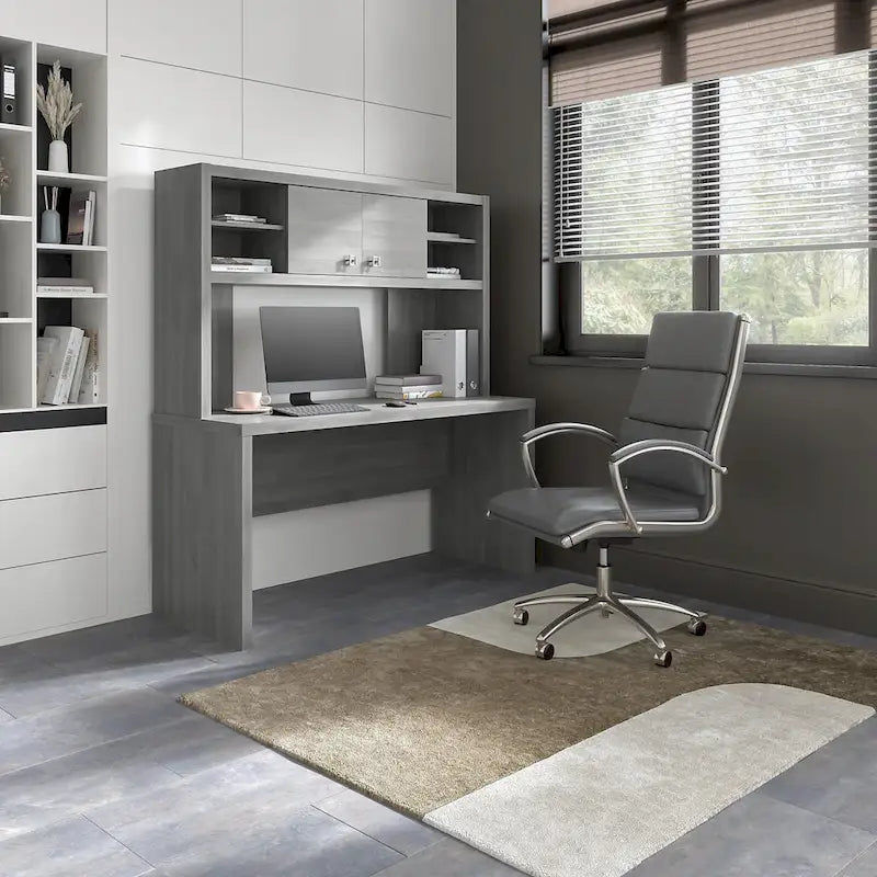 Pure White / Grey Sand / Charcoal Maple – 60W Credenza Desk with Hutch, Single-Person