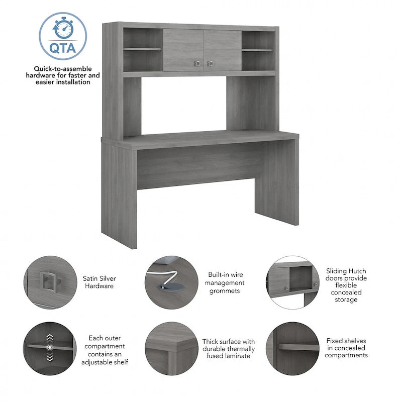 Pure White / Grey Sand / Charcoal Maple – 60W Credenza Desk with Hutch, Single-Person