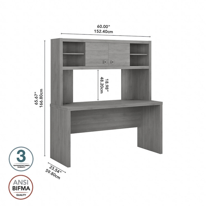 Pure White / Grey Sand / Charcoal Maple – 60W Credenza Desk with Hutch, Single-Person