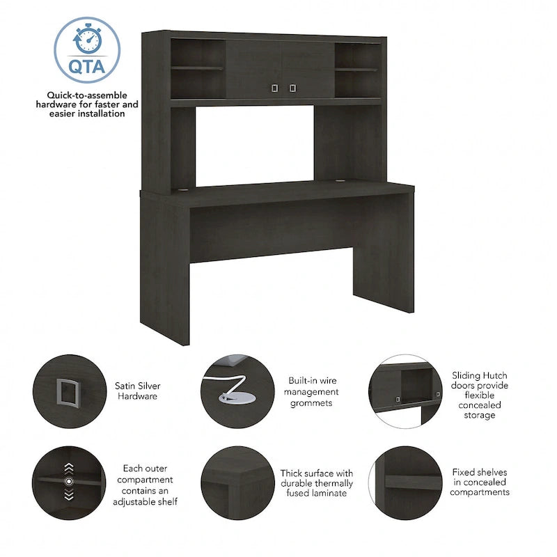 Pure White / Grey Sand / Charcoal Maple – 60W Credenza Desk with Hutch, Single-Person
