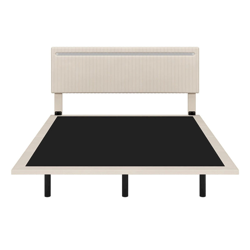 Roomfitters Full/Queen Size Floating Platform Bed Frame, Velvet Upholstery, Channel Tufted Headboard, No Box Spring Needed