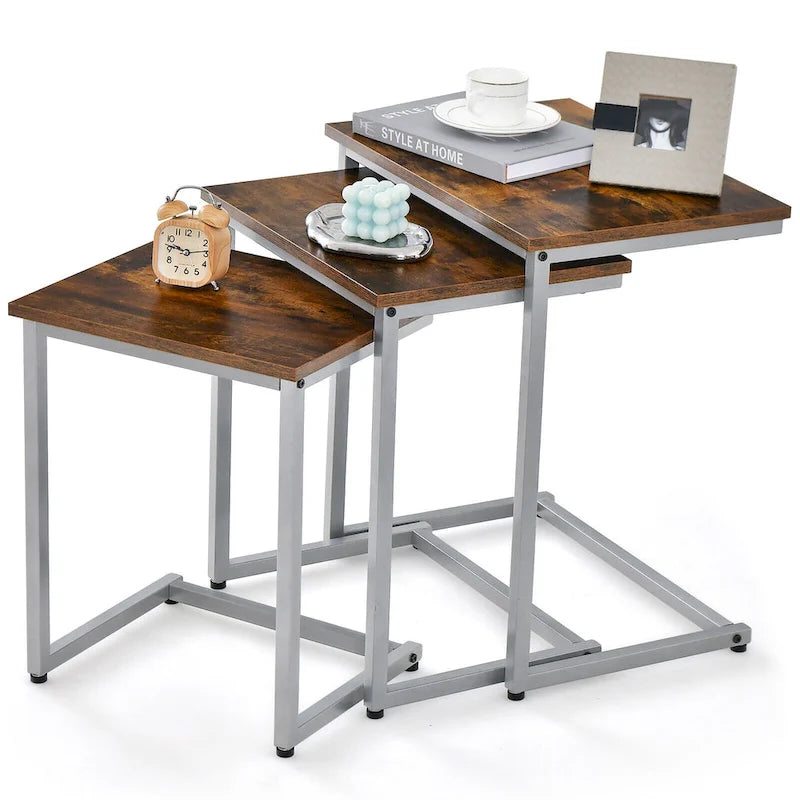 Grey 3-Piece Nesting C-Shaped Side Table Set, Stackable