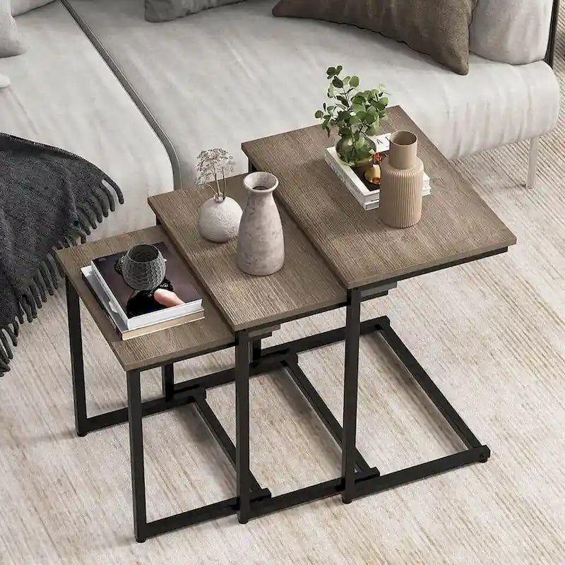 Grey 3-Piece Nesting C-Shaped Side Table Set, Stackable