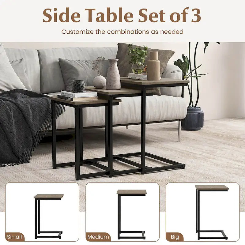Grey 3-Piece Nesting C-Shaped Side Table Set, Stackable