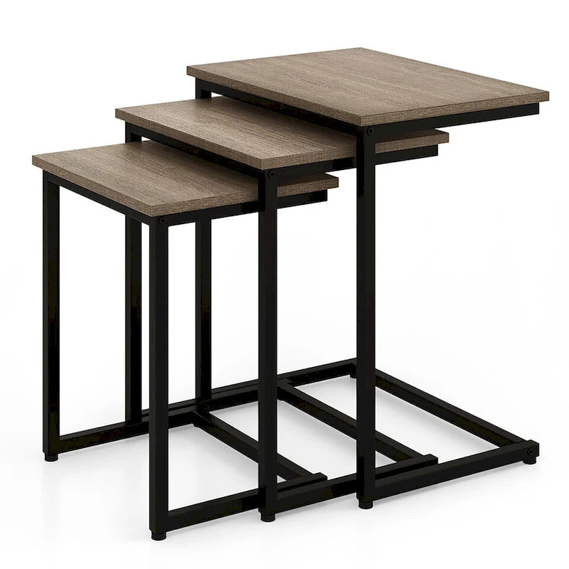Grey 3-Piece Nesting C-Shaped Side Table Set, Stackable