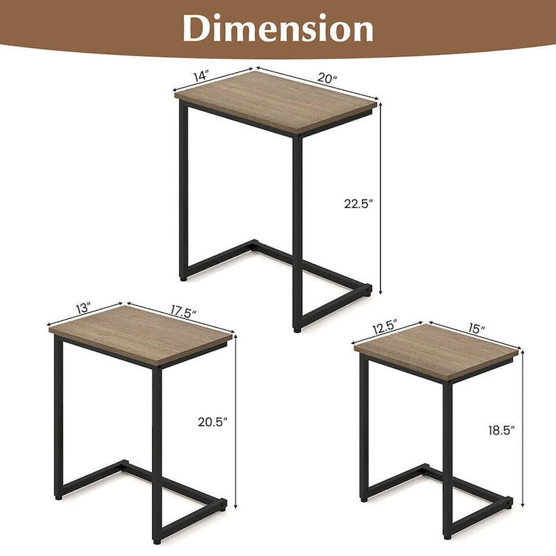 Grey 3-Piece Nesting C-Shaped Side Table Set, Stackable