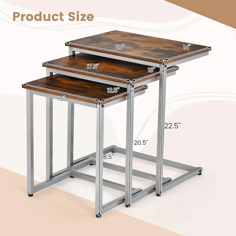 Grey 3-Piece Nesting C-Shaped Side Table Set, Stackable