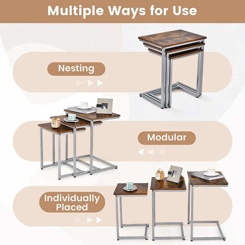 Grey 3-Piece Nesting C-Shaped Side Table Set, Stackable