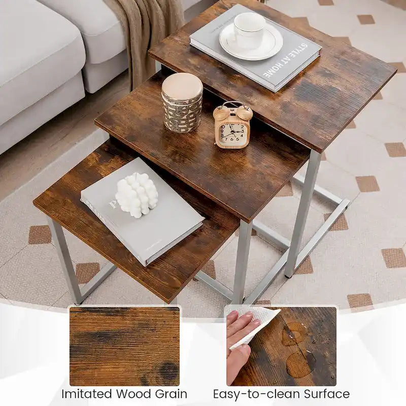 Grey 3-Piece Nesting C-Shaped Side Table Set, Stackable