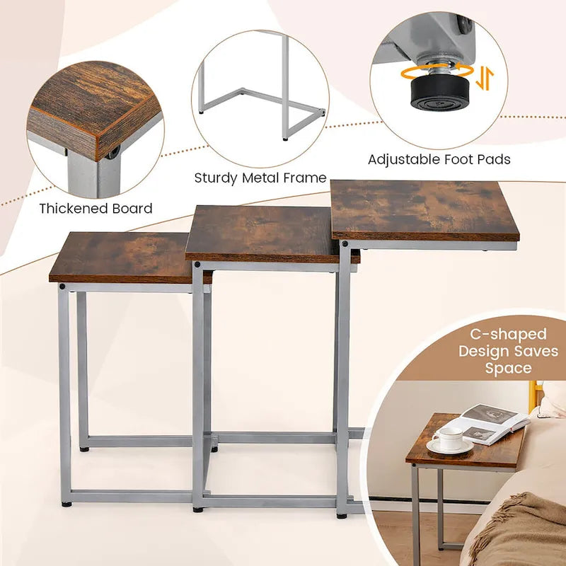 Grey 3-Piece Nesting C-Shaped Side Table Set, Stackable