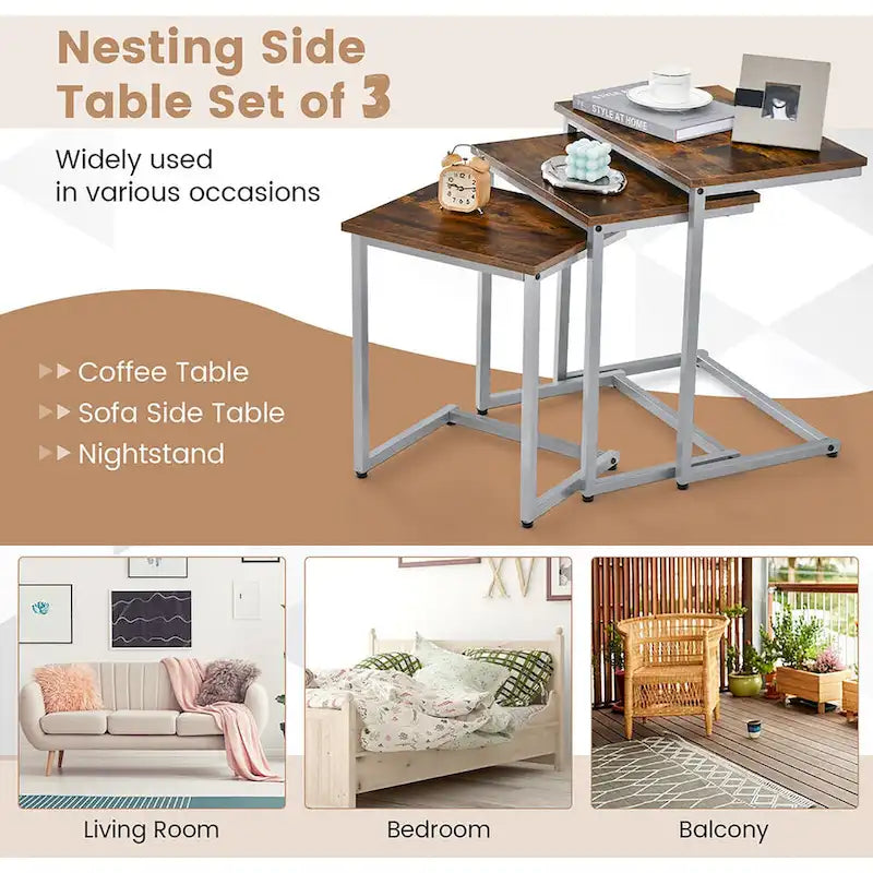 Grey 3-Piece Nesting C-Shaped Side Table Set, Stackable