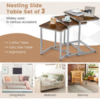 Grey 3-Piece Nesting C-Shaped Side Table Set, Stackable