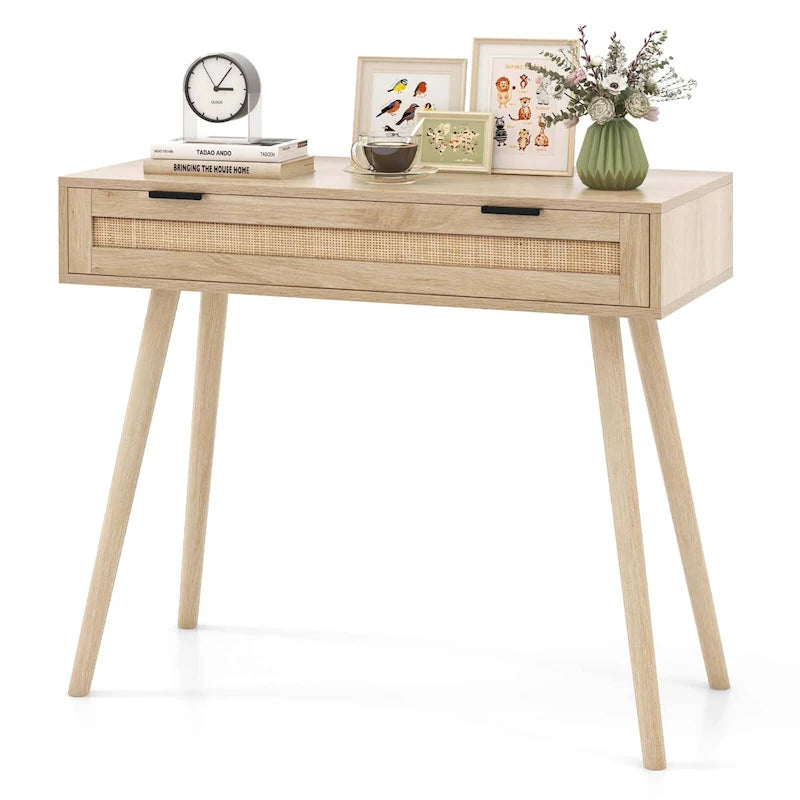 Natural Rattan Console Table with Drawer – Boho Style, 1-Person Use