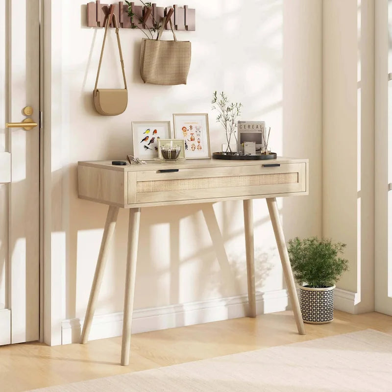 Natural Rattan Console Table with Drawer – Boho Style, 1-Person Use