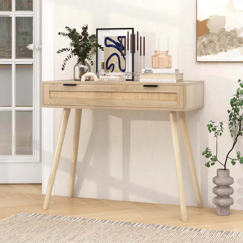 Natural Rattan Console Table with Drawer – Boho Style, 1-Person Use
