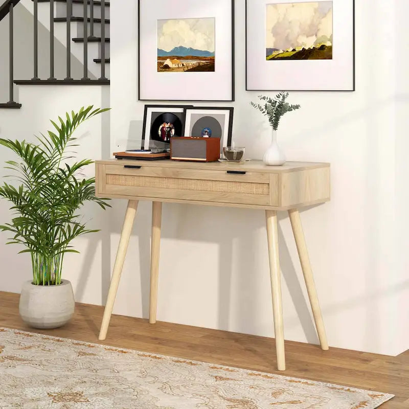 Natural Rattan Console Table with Drawer – Boho Style, 1-Person Use