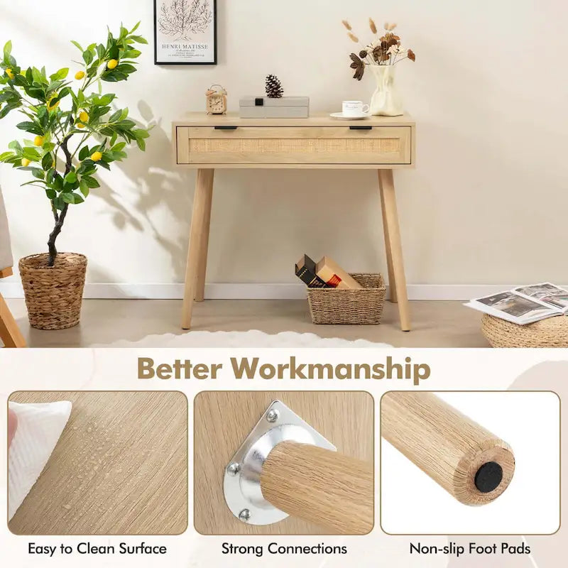 Natural Rattan Console Table with Drawer – Boho Style, 1-Person Use