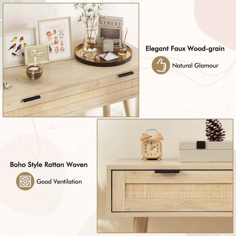 Natural Rattan Console Table with Drawer – Boho Style, 1-Person Use