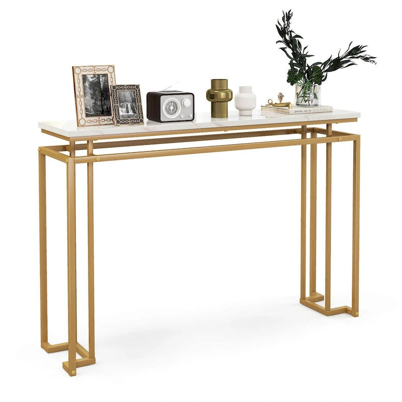 White & Gold Faux Marble Top Console Table, 47"