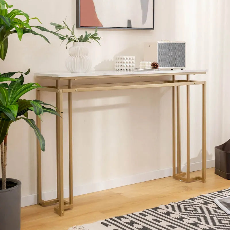 White & Gold Faux Marble Top Console Table, 47"