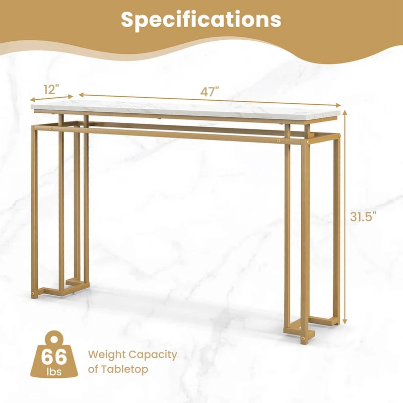 White & Gold Faux Marble Top Console Table, 47"