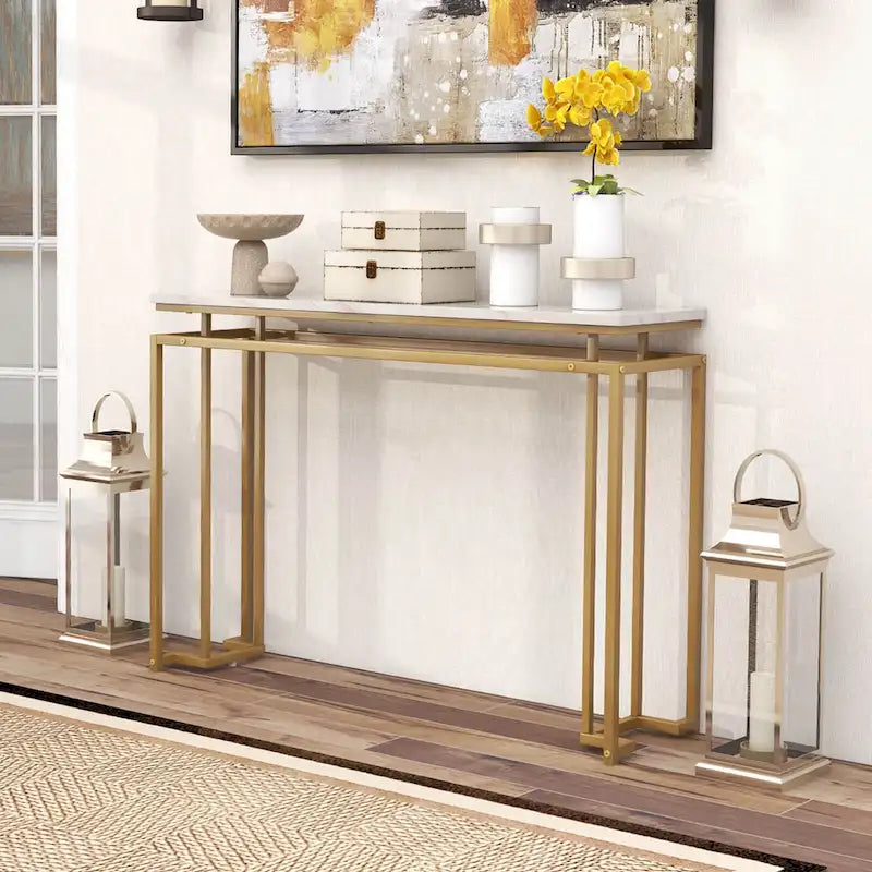 White & Gold Faux Marble Top Console Table, 47"