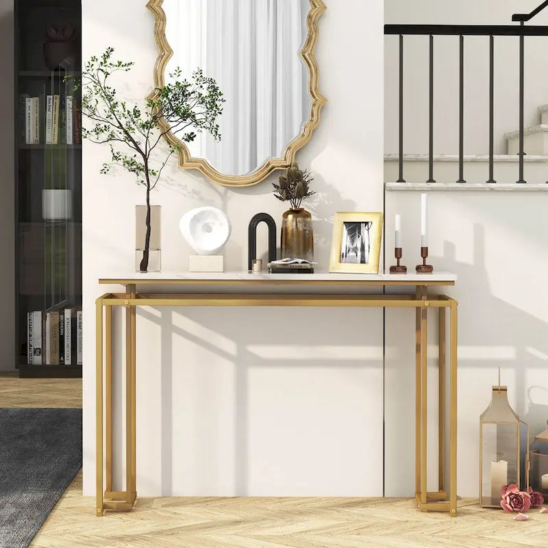 White & Gold Faux Marble Top Console Table, 47"