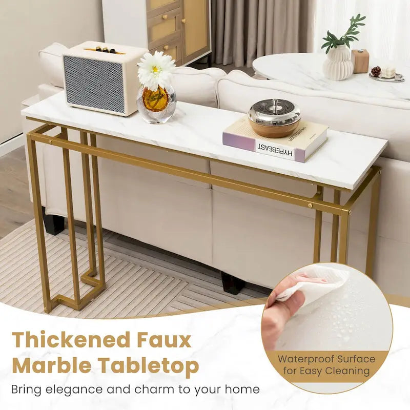 White & Gold Faux Marble Top Console Table, 47"