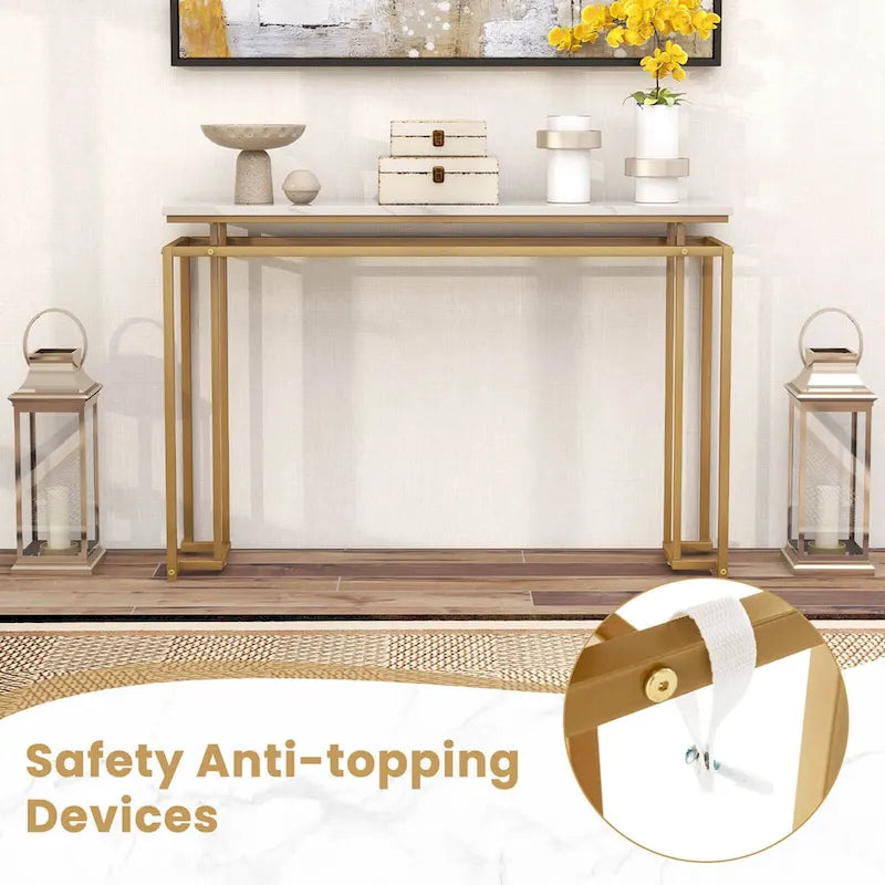 White & Gold Faux Marble Top Console Table, 47"