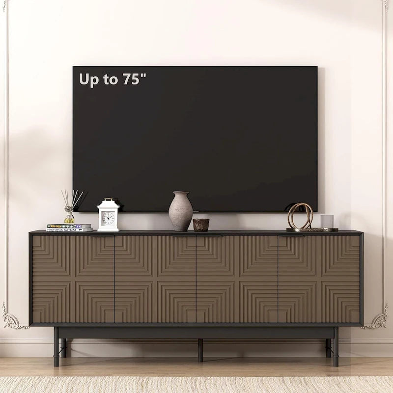 Brown & Black Mid-Century TV Stand with Doors, Fits TVs up to 75"