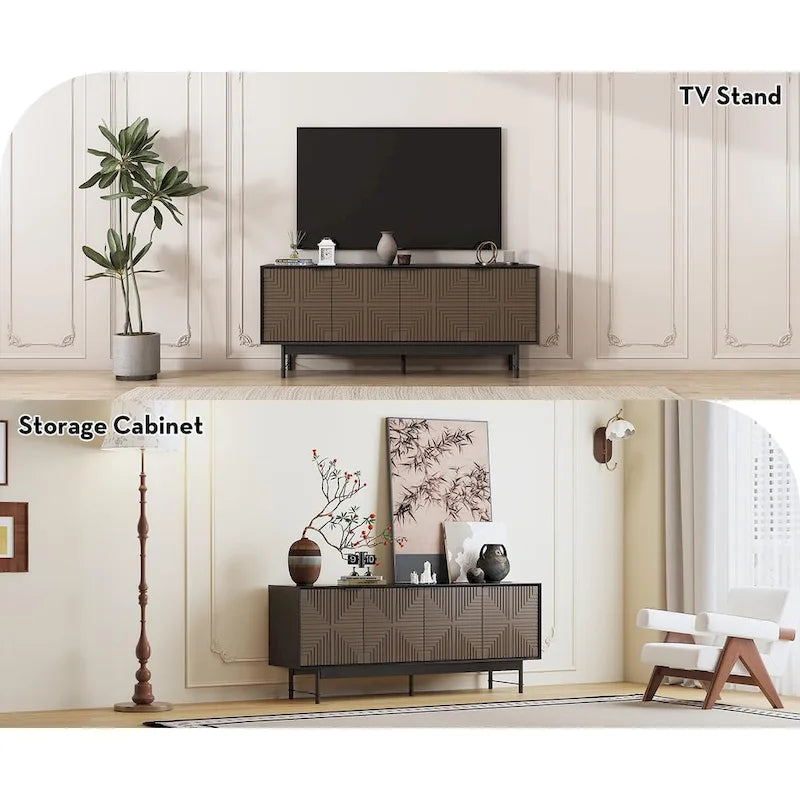 Brown & Black Mid-Century TV Stand with Doors, Fits TVs up to 75"