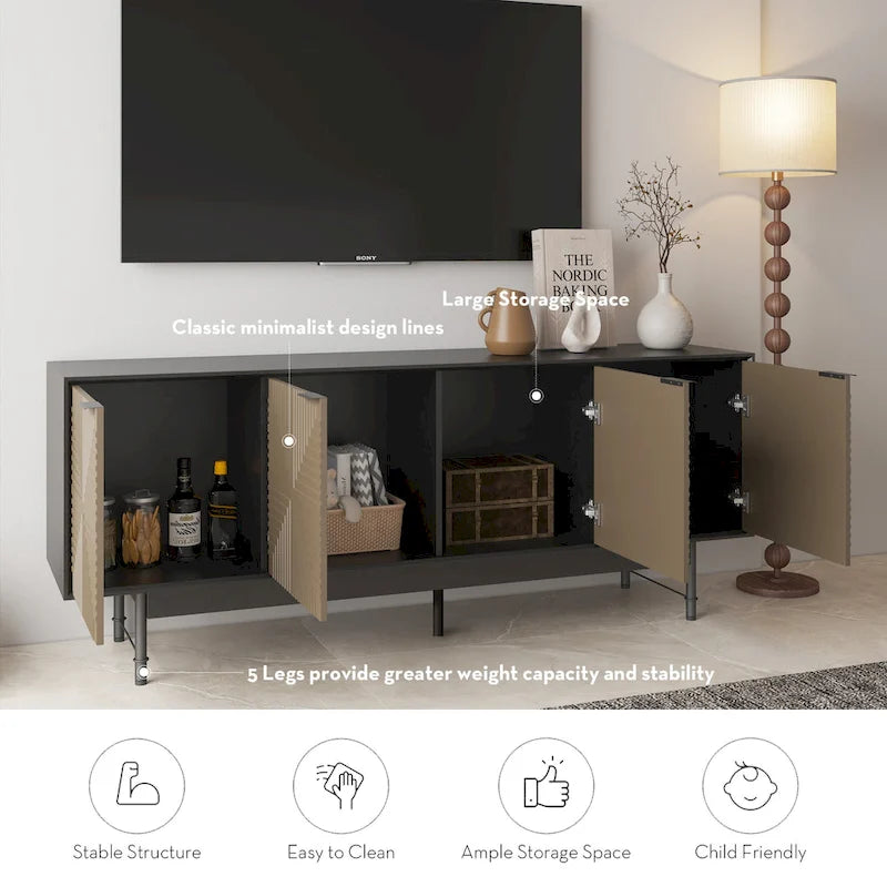 Brown & Black Mid-Century TV Stand with Doors, Fits TVs up to 75"