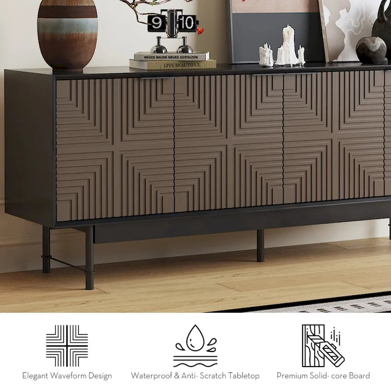 Brown & Black Mid-Century TV Stand with Doors, Fits TVs up to 75"