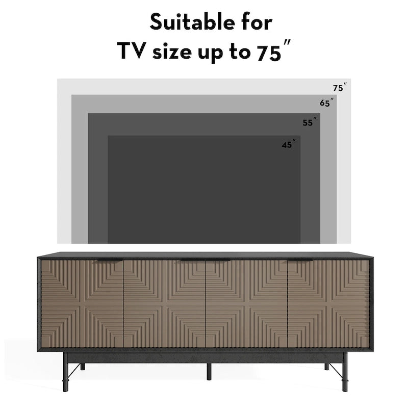 Brown & Black Mid-Century TV Stand with Doors, Fits TVs up to 75"