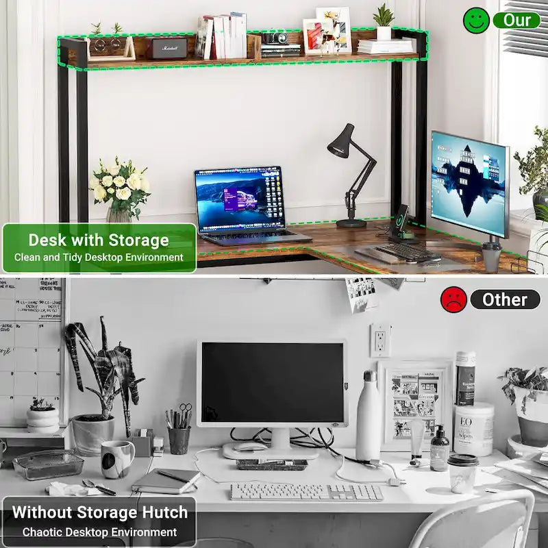 L Shaped Computer Desk with Hutch and Storage Shelves, Corner Gaming Table with LED Lights